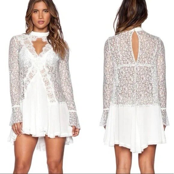 SOLD Free People M White Sheer Lace Dress / Tunic Victorian Boho Bride Bell Slee - Picture 3 of 13